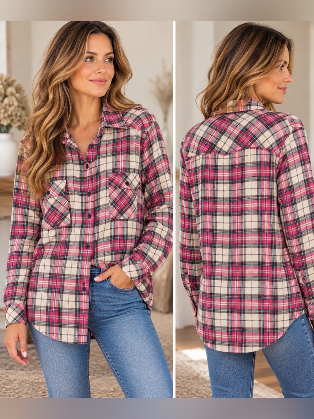 Matchstick Argus Plaid Flannel Shirt L Pink Cream Black Cotton Western Cabin